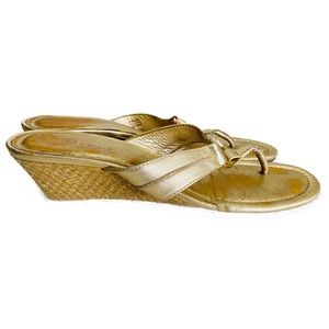Lilly Pulitzer McKim Gold Leather Wedge Sandals 9 M Thong